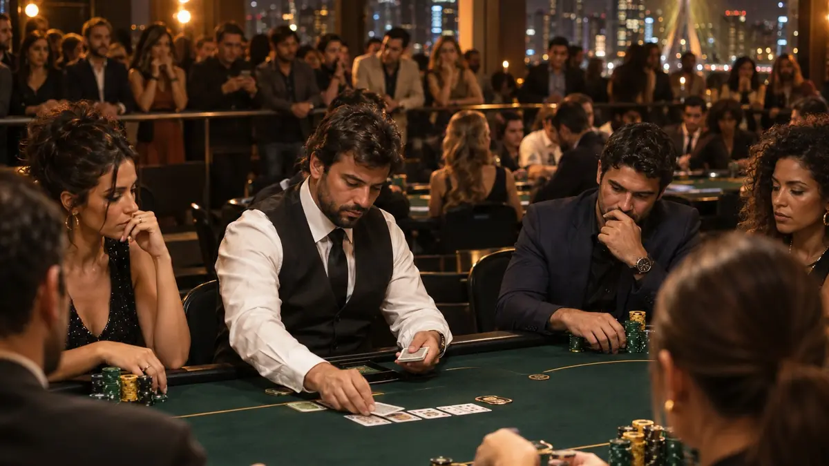 Salão de torneio de poker ao vivo com mesas cheias sob luz baixa