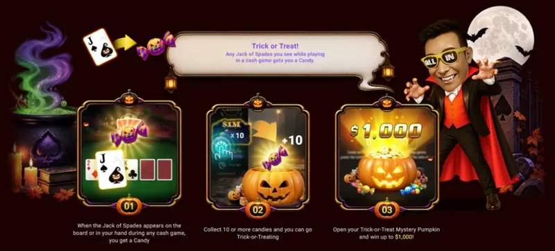 Três passos da promoção Halloween Party da GGPoker com valete de espadas, doces e abóbora de prêmio
