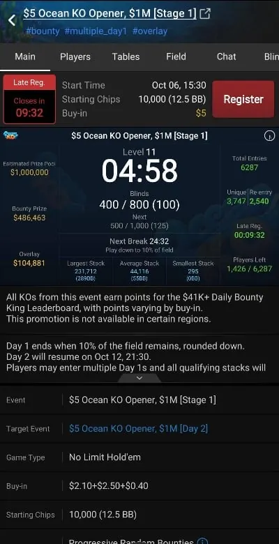 Lobby do torneio Ocean KO Opener de US$ 5 no aplicativo da GGPoker